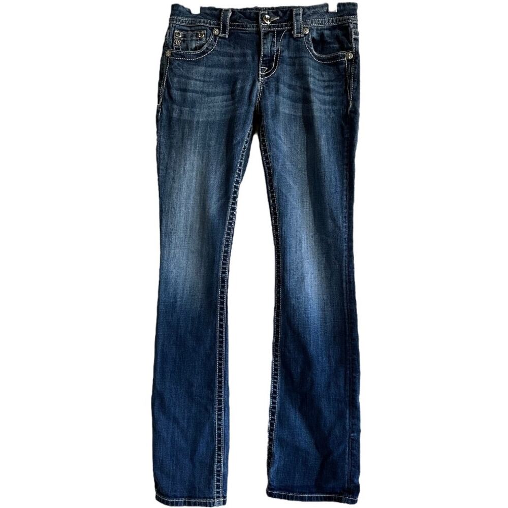 Miss Me Mid Rise Easy Bootcut Jeans Medium Wash Rhinestone Western Blue 28